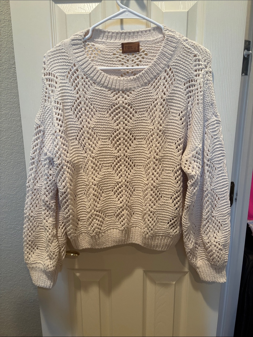 POL Clothing Crochet Diamond Open Stitch Sweater Cream Ivory Boho Small